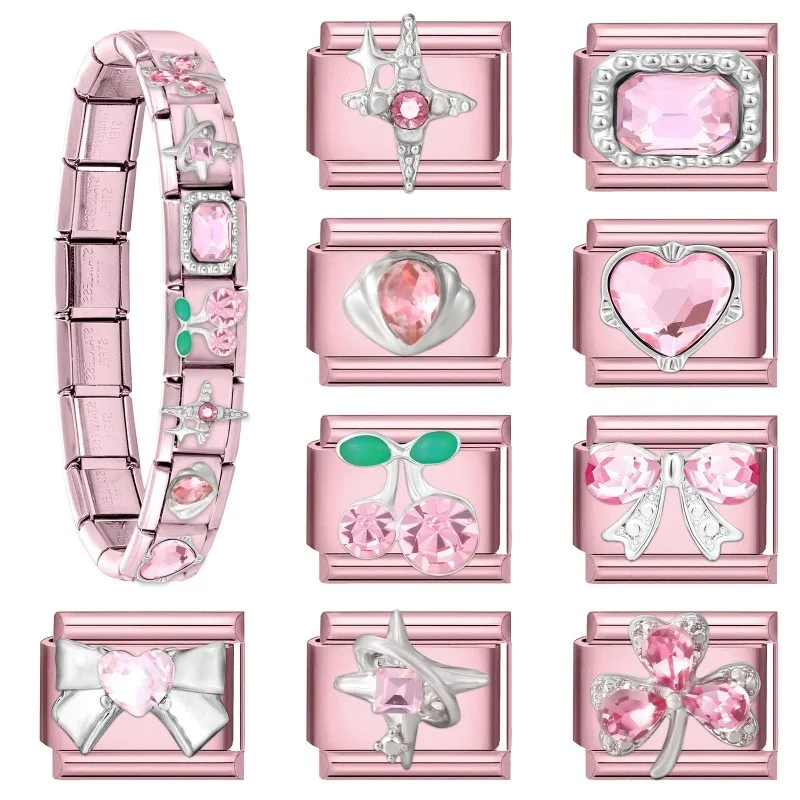 2025 New Women Romantic Pink Cherry Heart Shiny CZ Italian Charm Links Fit 9mm Bracelet Stainless Steel DIY Making Jewelry Gifts image 3