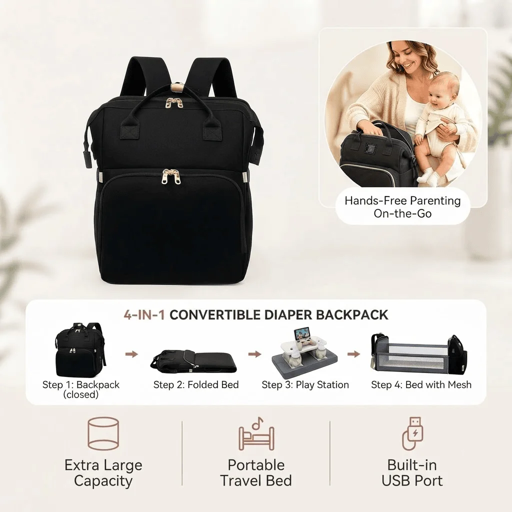 4-in-1 Baby Travel Backpack; Built in USB Port 2