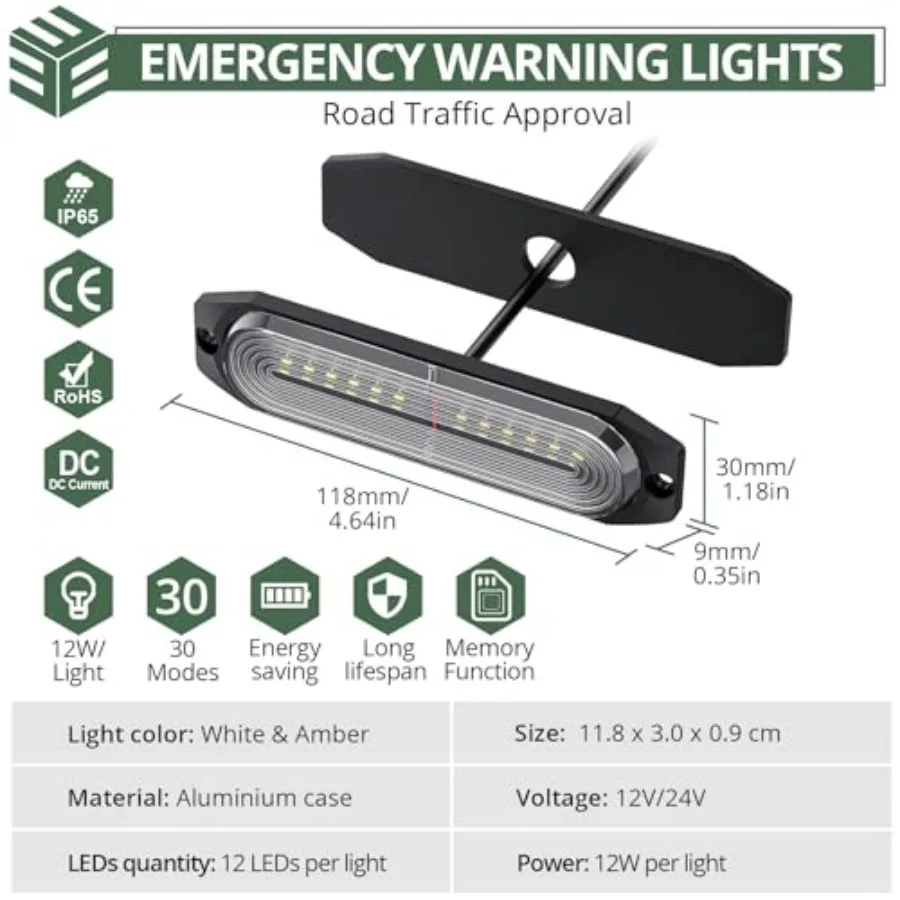 LED Surface Mount Strobe Lights Kit, White Amber Flashing Car Truck Strobe Light, 8pcs Surface Mount Emergency Warning Flashing