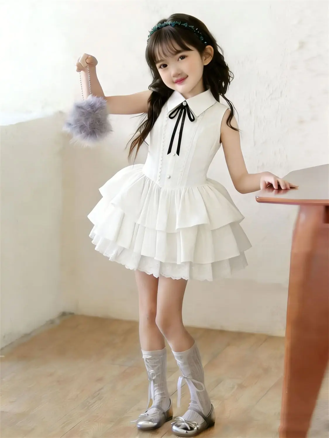 French girl 2026 summer new white lace bow dress with girl's temperament, waist cinching cake skirt