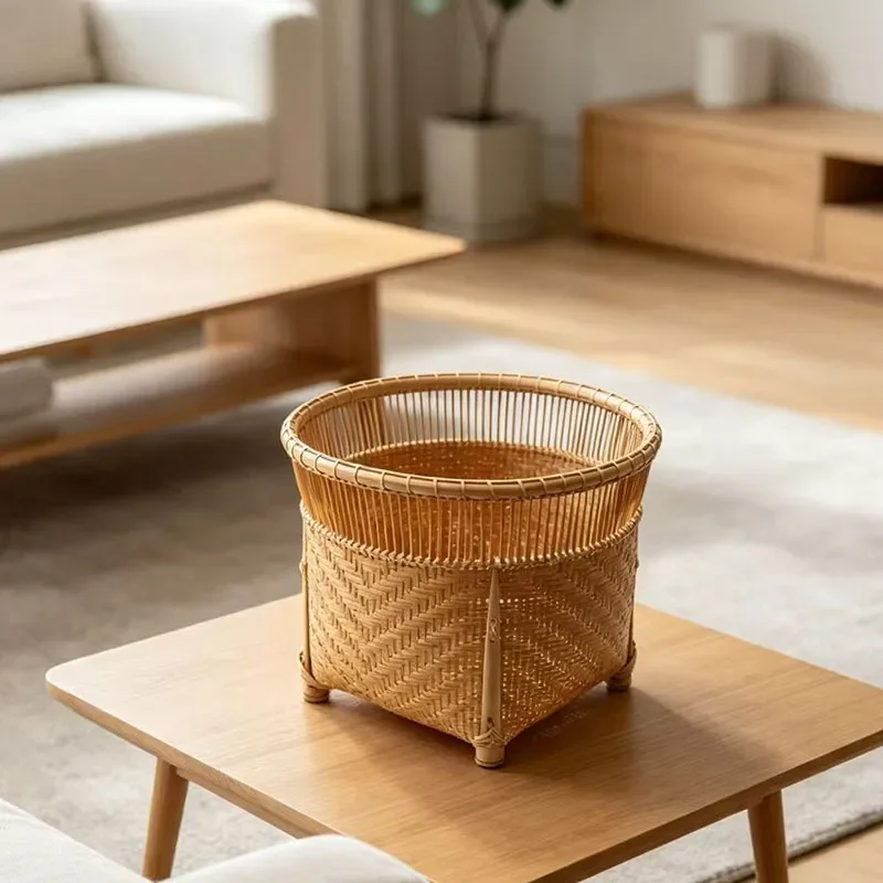 Natural Bamboo Woven Fruit Basket Handmade Tea Set Storage Tray Chinese Style Snack Plate Household Kitchen Organizer