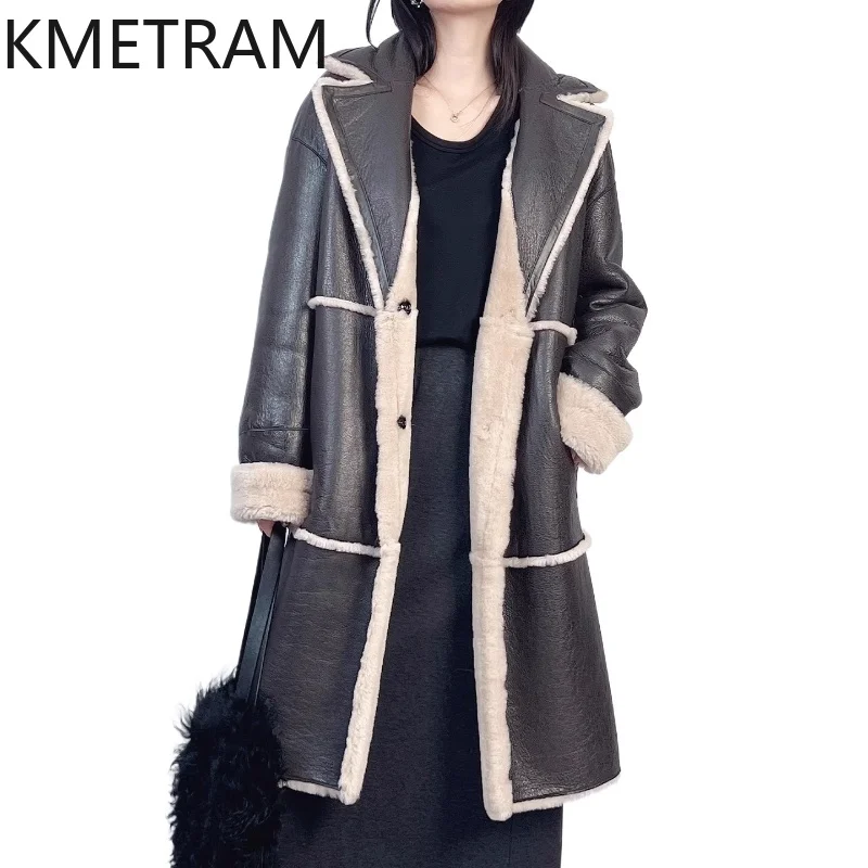 

KMETRAM Natural Merino Sheepskin with Wool Attached Coat Reversible Long Real Fur Jacket Winter Woman Clothing шуба женская