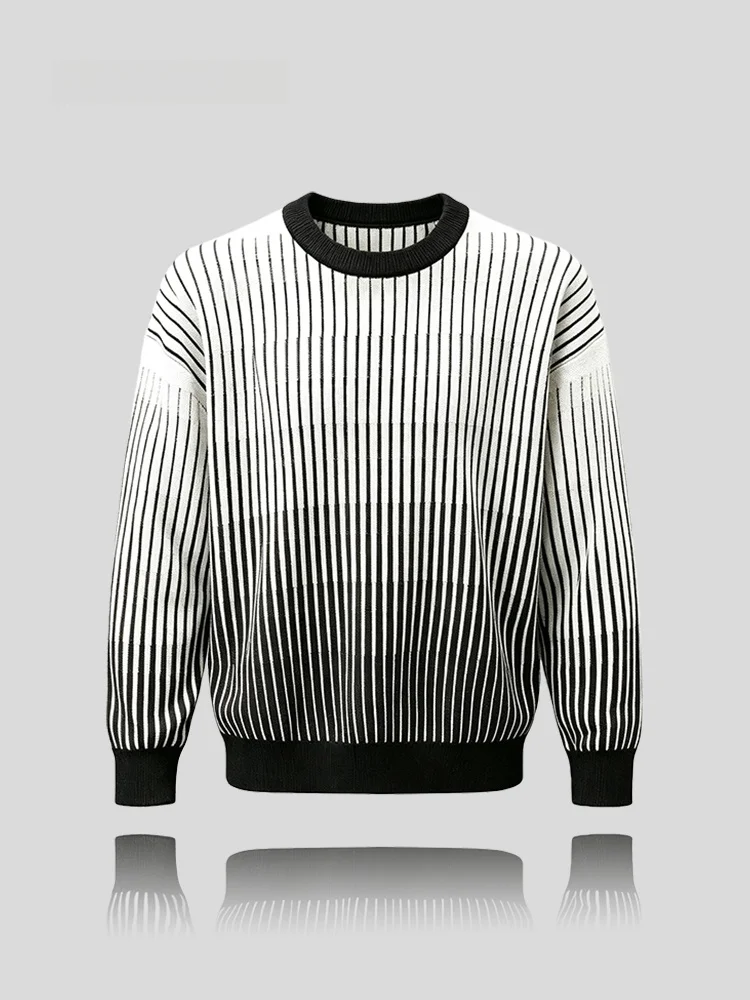 Men's Long Sleeve round Neck Knitted Sweater Vertical Stripes Design Autumn Winter Top Fashionable Sun Protection Clothing