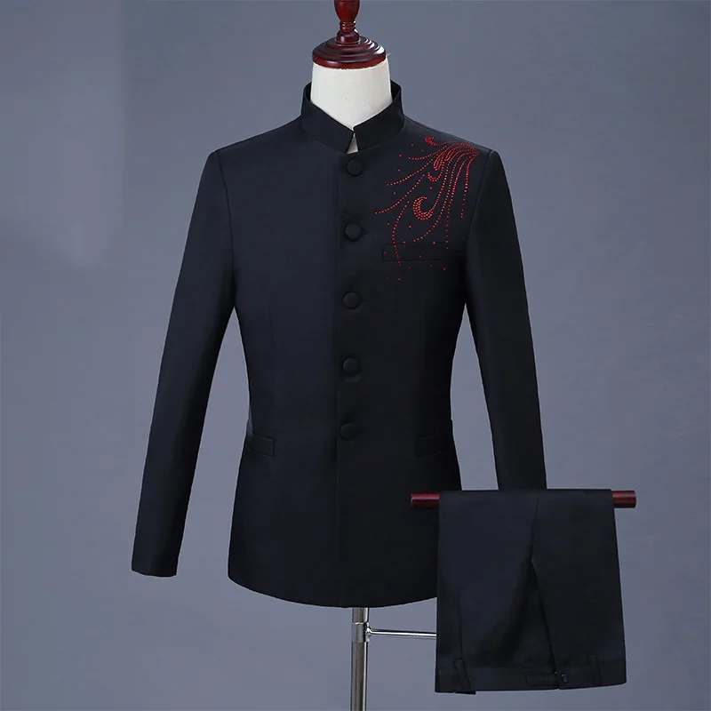 

KIDWHXR мужской костюм, модный пиджак с воротником-стойкой и карманами с принтом, мужские брюки с прямыми штанинами, простой однотонный сценический комплект из 2 предметов