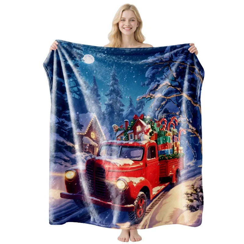 Christmas Throw Blanket Vintage Log‑Cabin Fireplace Xmas‑Tree Stocking Gift Box Printed Soft Lightweight Decor Blanket