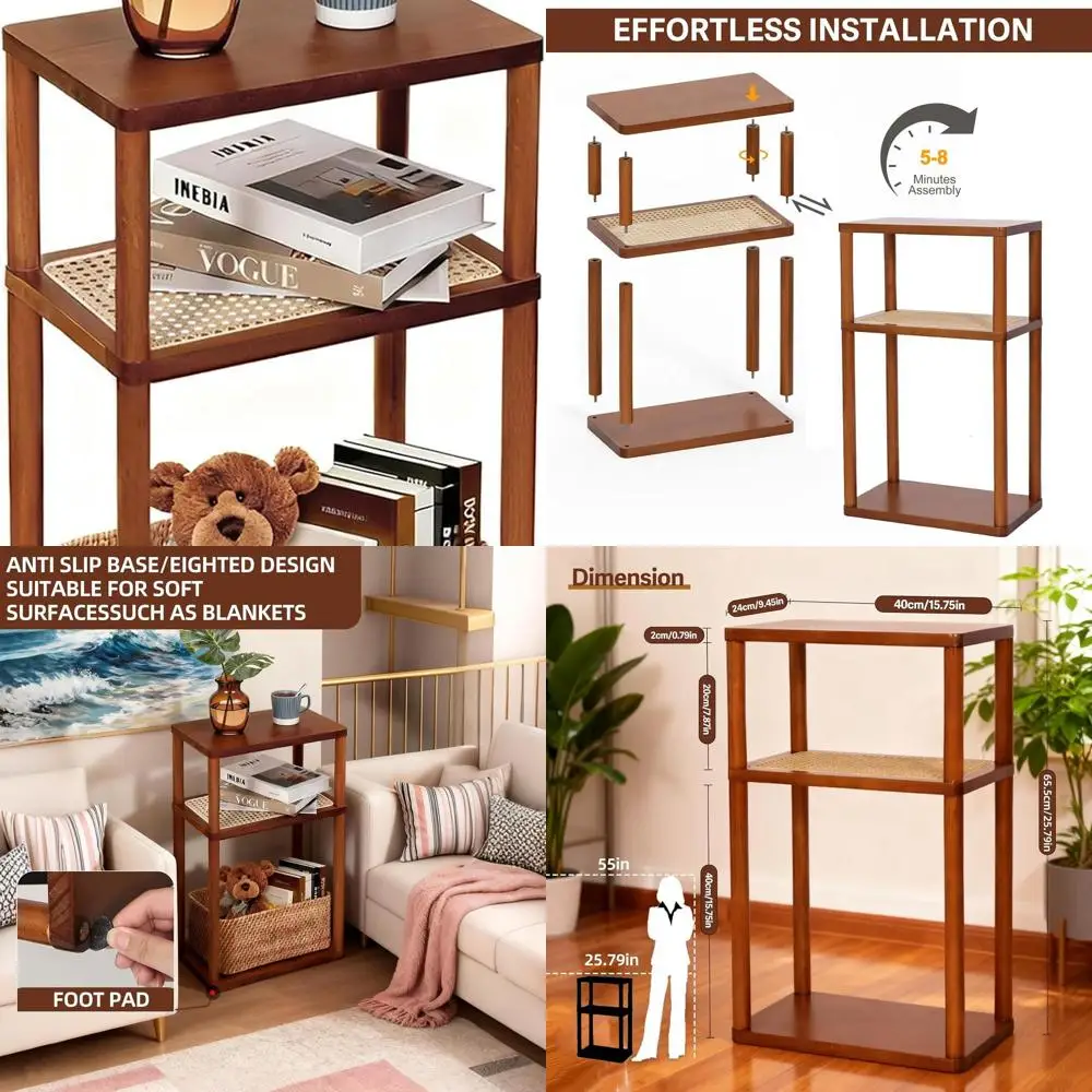 

Walnut Brown Rattan Side Table with Wooden Shelf, Compact End Table for Living Spaces and Bedrooms