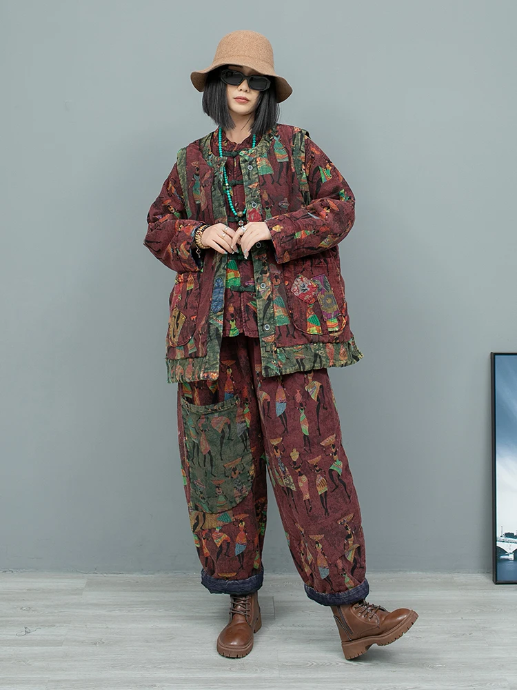 Chinese Style Vintage Printed Linen Jacket With Cotton + Thick Vest + Long Pants Three Piece Set Women Winter LX2723