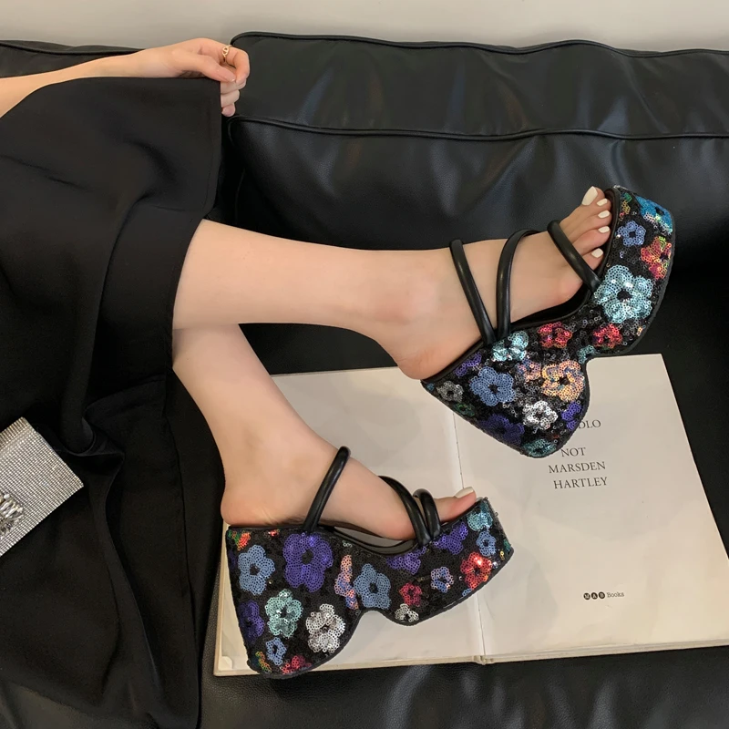 

Pink Wedge Platform High Heels Slippers Summer Flower Print 13cm Heeled Sandals Womens Shoes Black Belt Sandalias Mujer