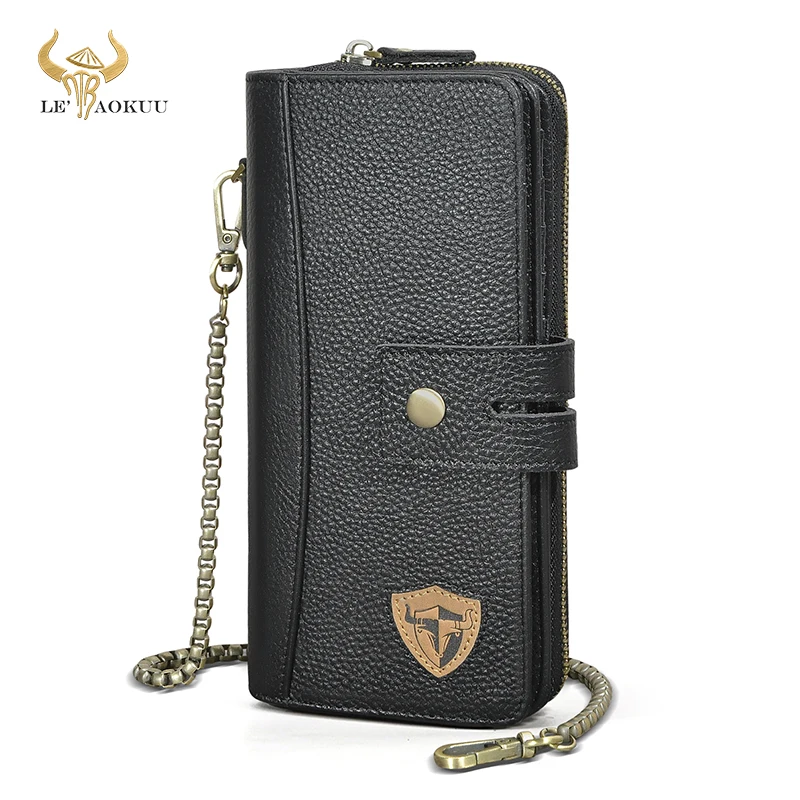 Hot Sale Thick Genuine Bull Leather Travel Business Organizer Chain RFID Wallet For Men Long Zipper Male Purse Card Holder 1814