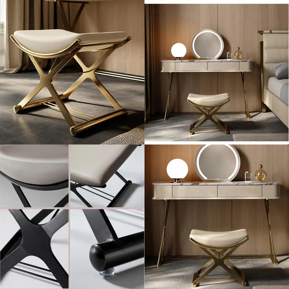 مقعد عثماني جلدي متعدد الأغراض مع أرجل معدنية بإطار X، مقعد مبطن للمكياج ومساحات المعيشة والحمامات #1