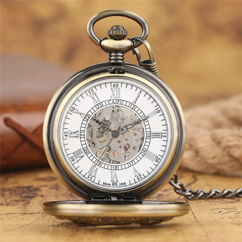 Retro Hollow Out Phoenix Pocket Watch Men Women Automatic Mechanical Watches Copper Skeleton Clock with FOB Pendant Chain Gift