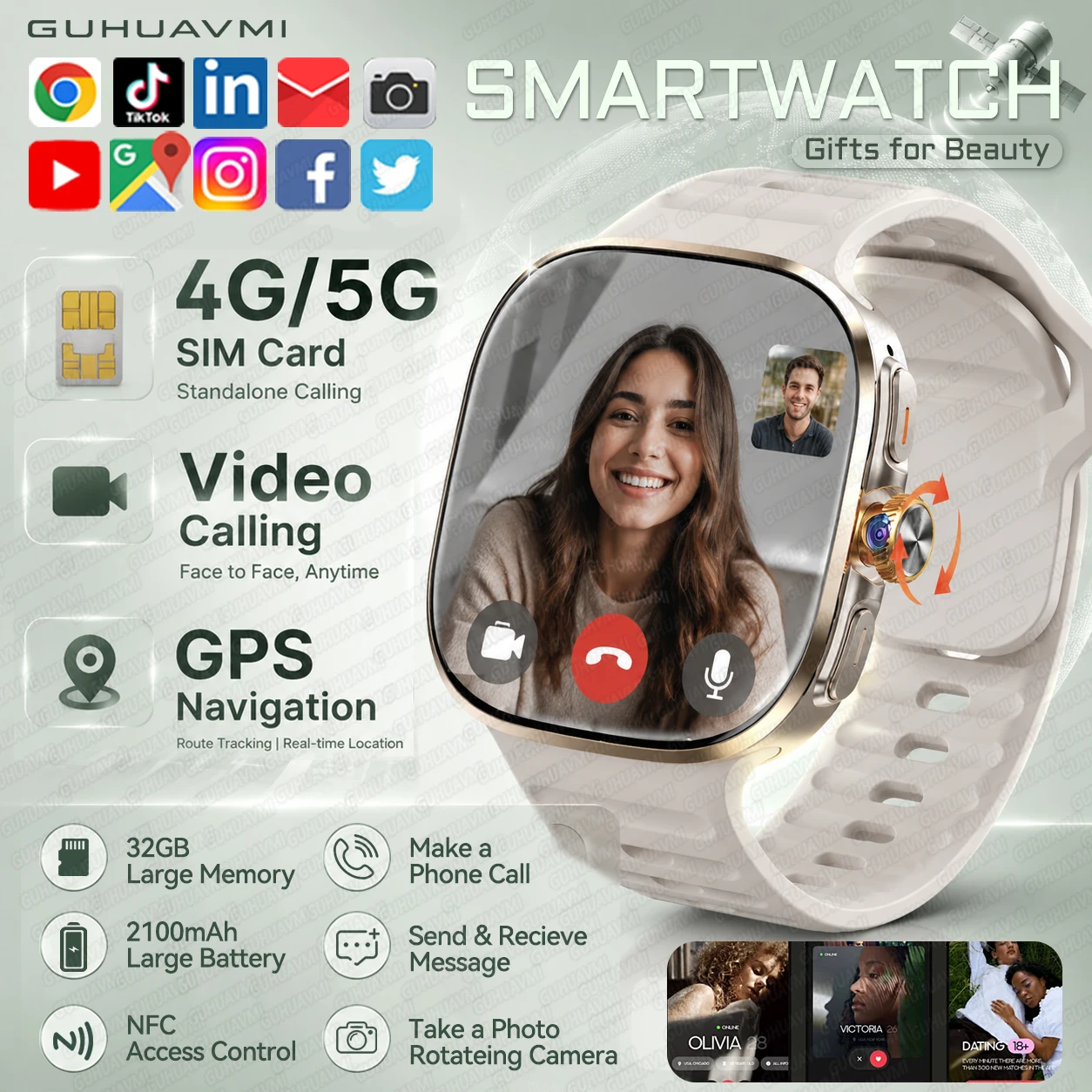 New Hot 4G SIM Card Smart Watch For Women Rotating Camera WiFi GPS Navugation 2100mAh Fitness Tracker MP3 Album NFC Watches Men