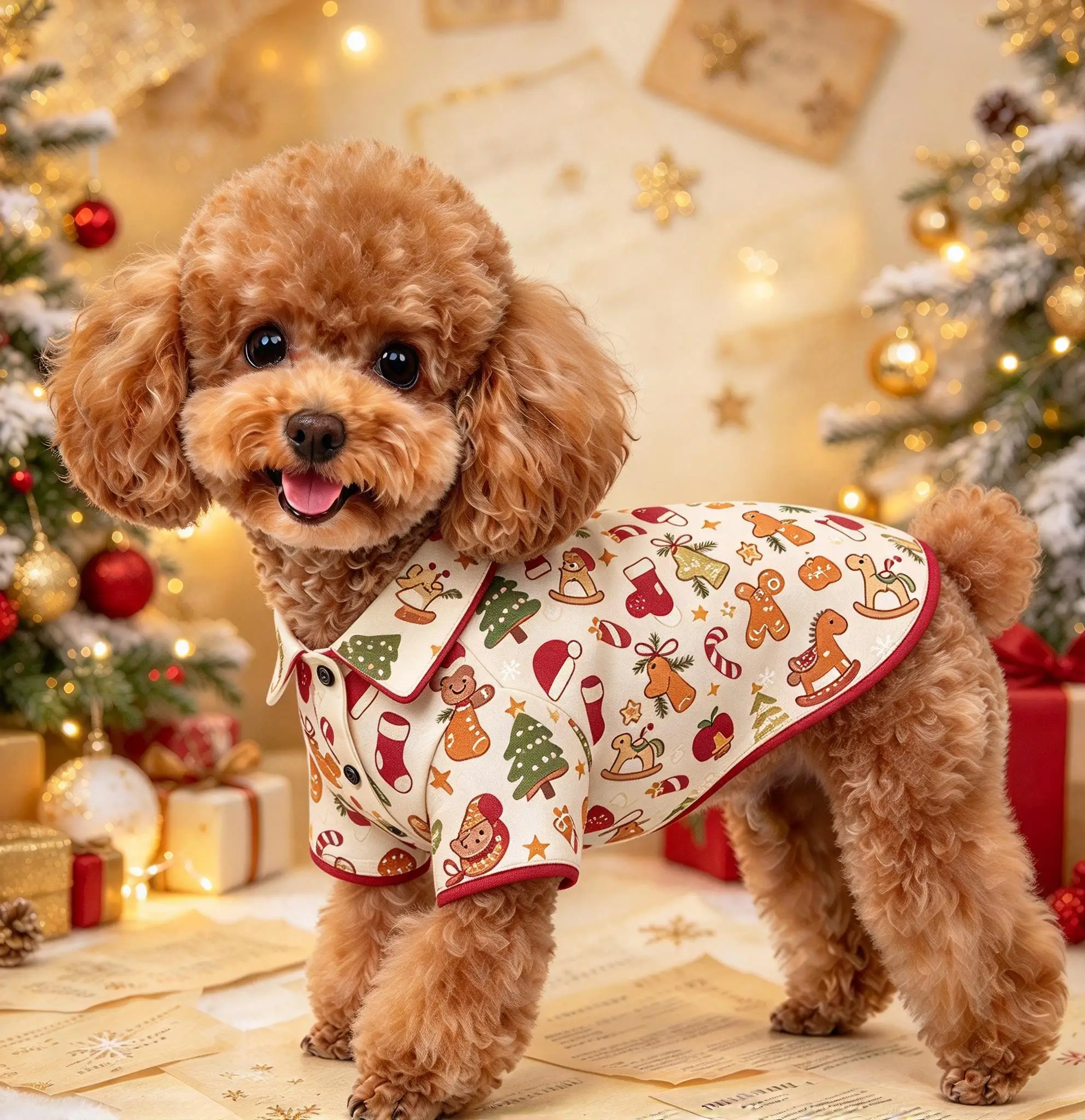 Allover Cute Christmas Icons Print Pet Button Shirt, Holiday Xmas Outfit for Small Dogs & Cats