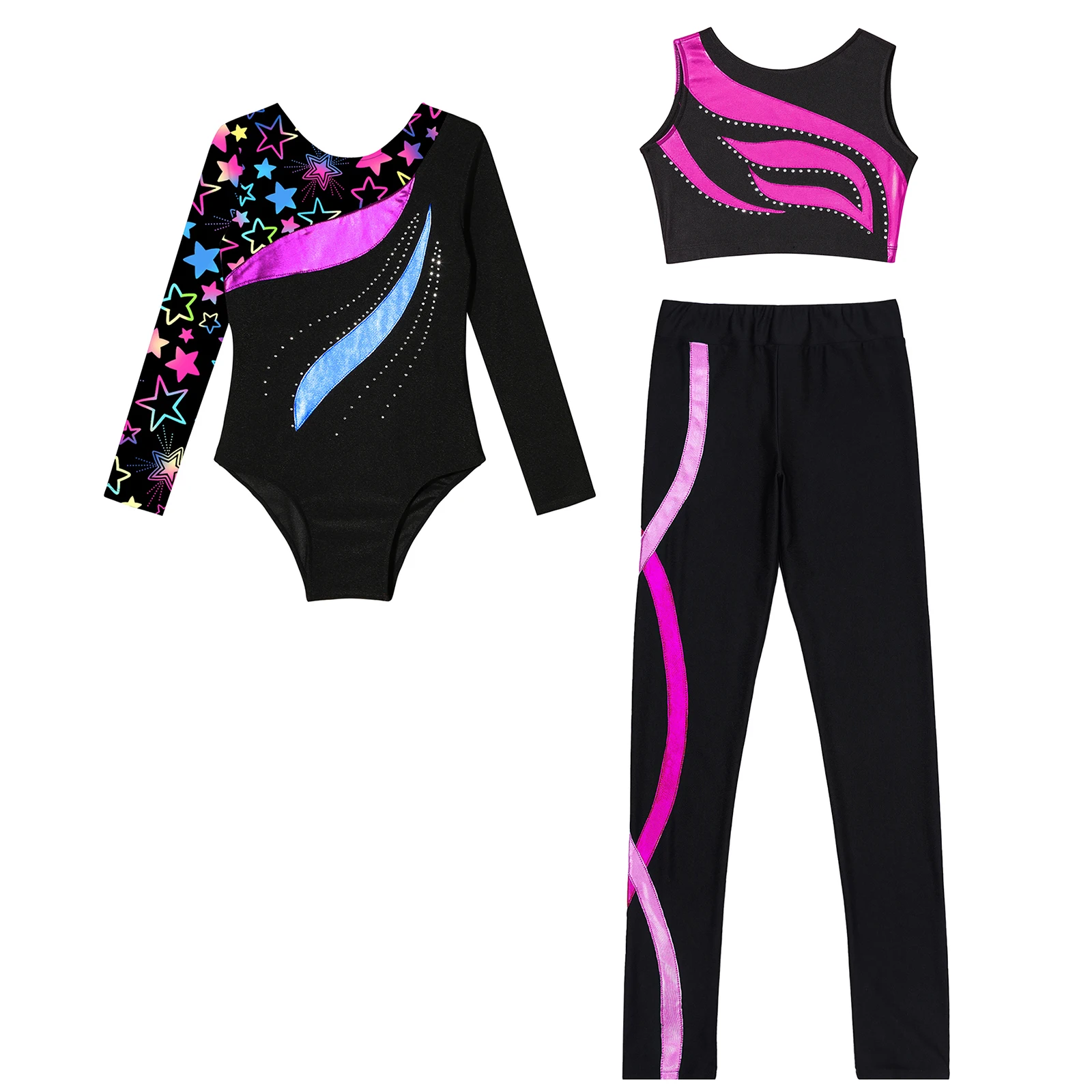 Kids Girl's Workout Gymnastics Outfit Yoga Sets Long Sleeve Ballet Leotard Vest Shorts Dancewear Set Teen Sports Athletic Suits