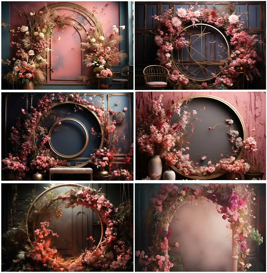 Wedding Flowers Circular Wreath Floral Bridal Shower Backdrops Photographic Portrait Love Birthday Backgrounds Banner Studio