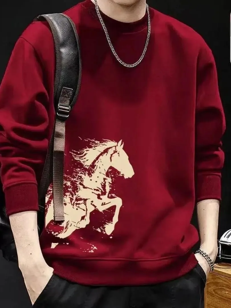 

Мужская толстовка свободного кроя с длинным рукавом и принтом к Новому году 2026, на флисовой подкладке, модная базовая модель, повседневный стиль