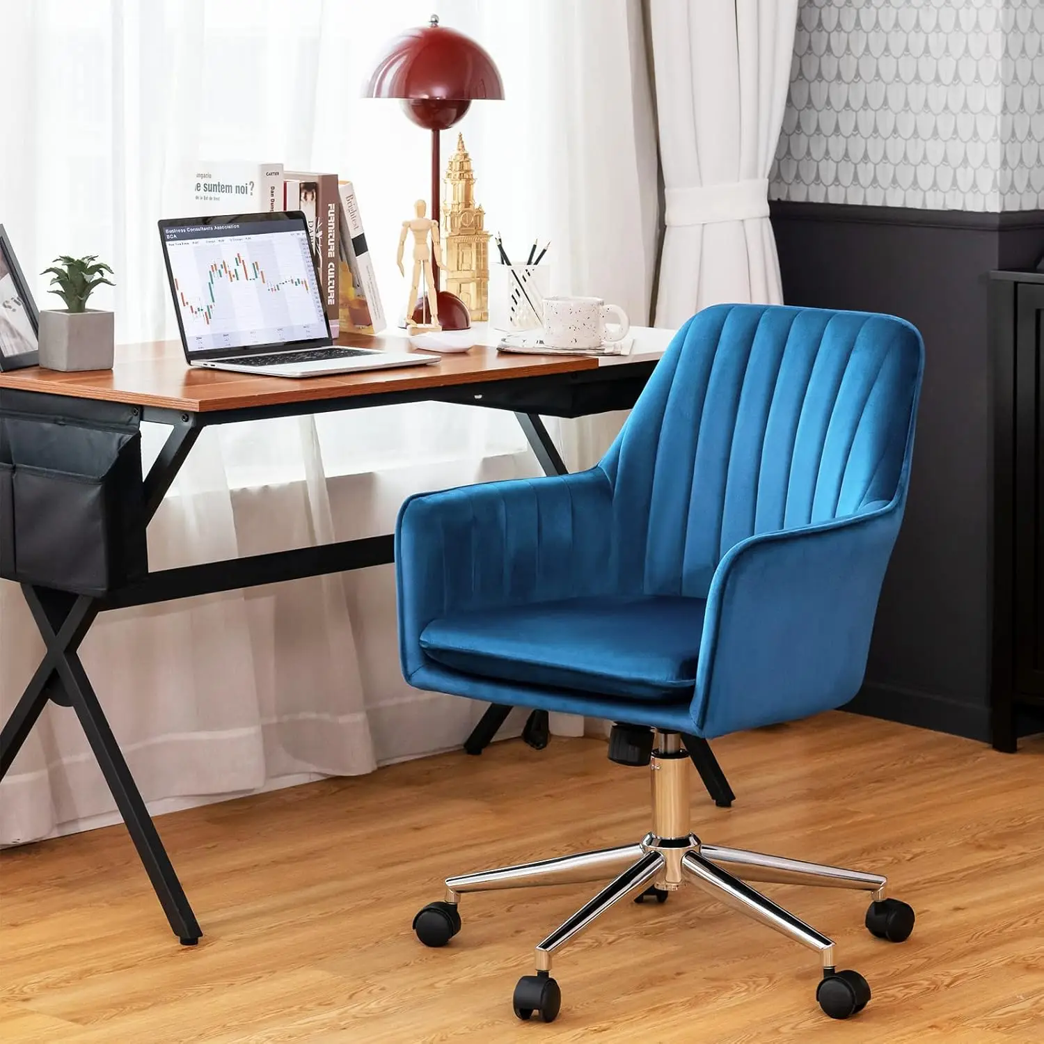 Velvet Desk Chair, Mid-Back Leisure Office Chair, Modern Computer Armchair, Swivel Accent Chair, 360° Rotatable Vanity Chair,