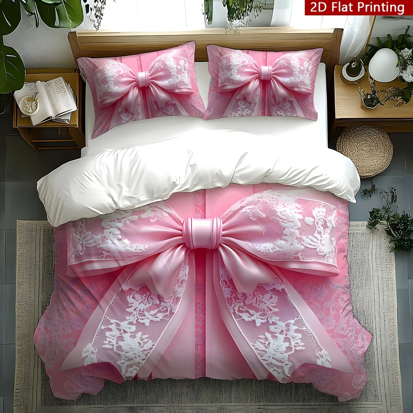 Bedding Digital Print Duvet Cover Pillowcase Set Lace Bow Theme Design Pattern, Ultra-Soft Digital Print Duvet Cover Set Bedding