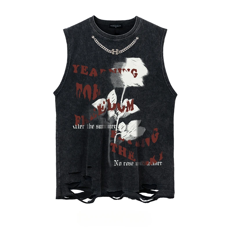 Black and White Rose Design with A Distressed Floral Letter Necklace, Round Neck Sleeveless Vest, Loose Fitting Couple