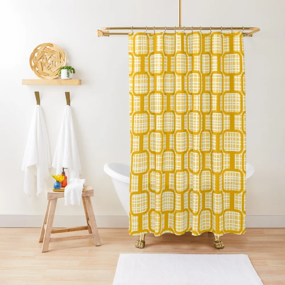 

Mod Links Midcentury Modern Geometric Pattern in Mustard Ochre Yellow and White Shower Curtain Bathroom For Shower Curtain