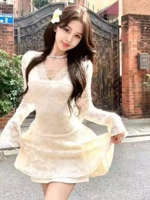 

Белое кружевное платье Spicy Girl, женское осенне-зимнее платье Pure Desire Sle, длинная юбка Sve ort, облегающее талию платье