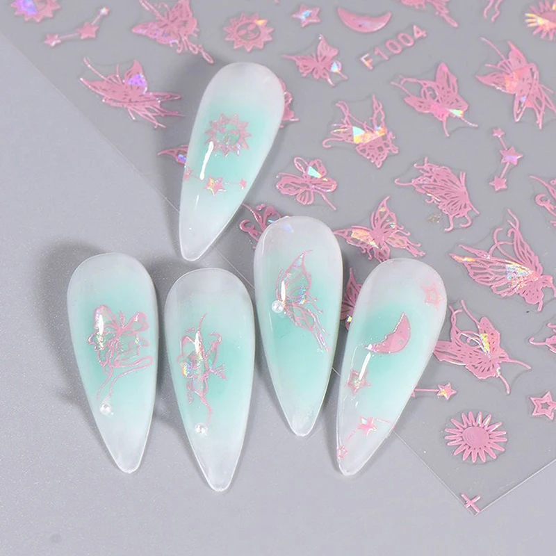 Cute Pink Sparkling Butterfly Nail Sticker Sweet Aurora Nail Styling Stereoscopic Relief For Girl Nail Decal Nail Art Salon