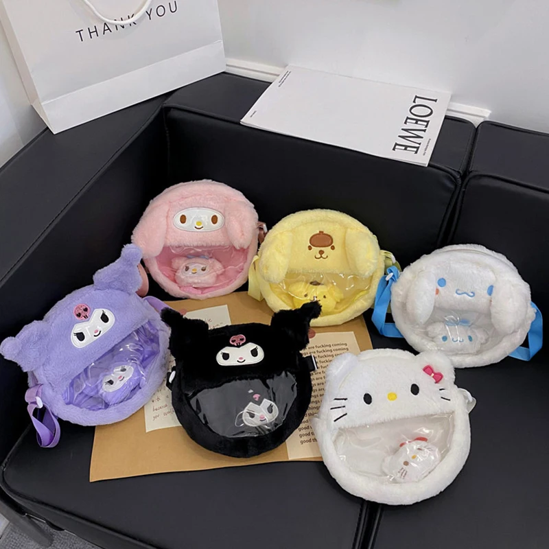 New Sanrio Kawaii Cartoon Kuromi My Melody Hello Kitty Plush PVC Doll Round Bag Transparent Visible Shoulder Hand Crossbody Bag