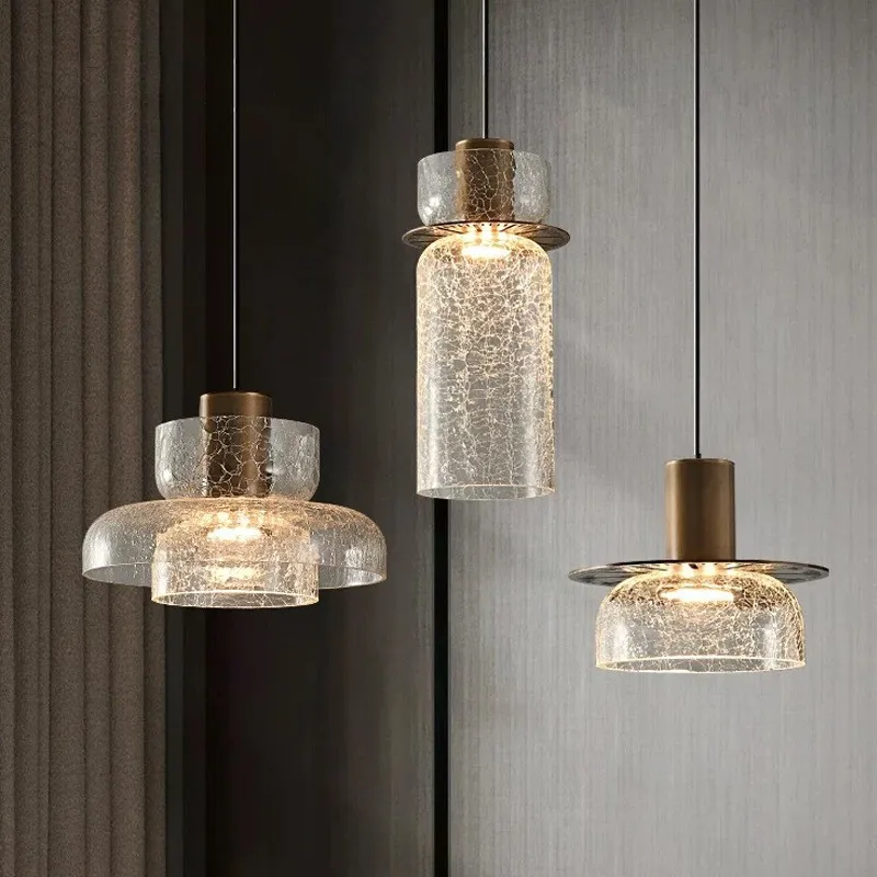 Nordic Art Cracked Transparent Glass Pendant Light Indoor Hotel Dining Room Bedroom Bedside Living Room Decorative Hanging Lamp