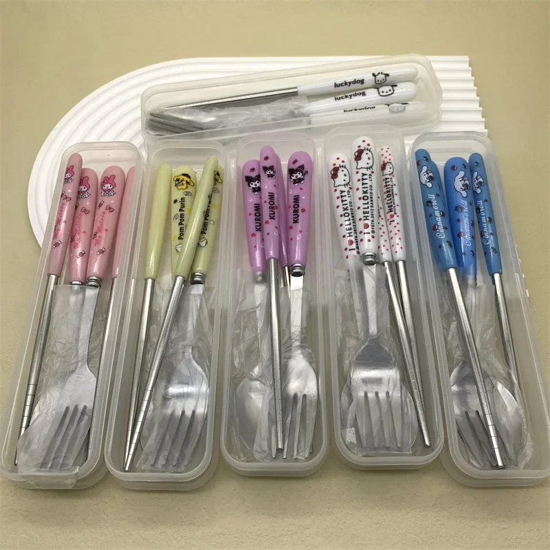 Sanrio Spoon Fork Chopstick Tableware Sets Pochacco Kuromi Mymelody 3Piece Cartoon Cutlery Set Outdoor Portable Anime Tableware