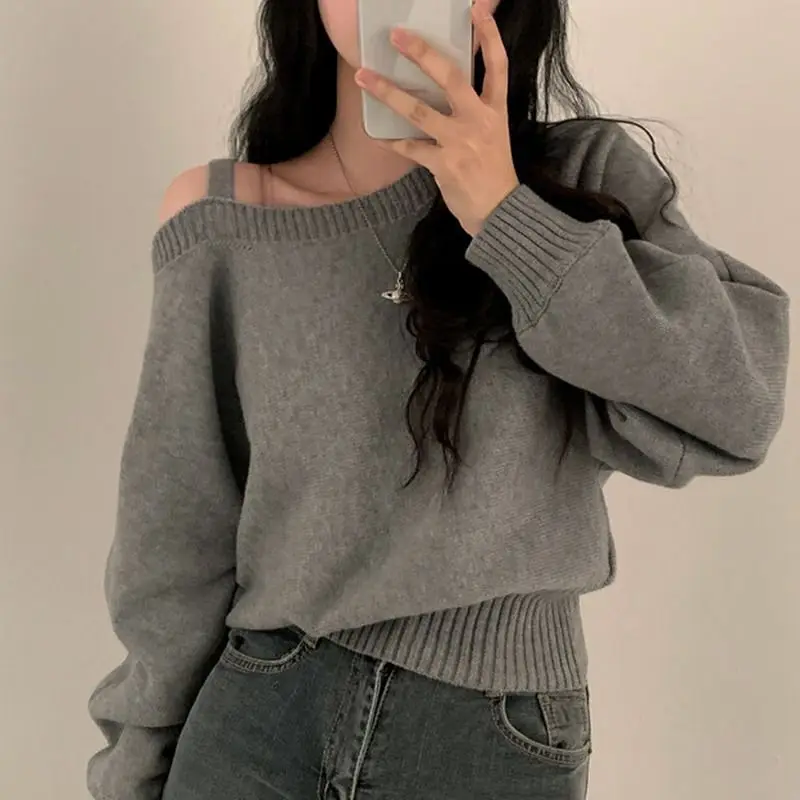 

Off Shoulder Strap Knitwear Sweater Korean Women'S New Design Diagonal Shoulder Short Top Elegant Sexy Bat Sleeve Sweater