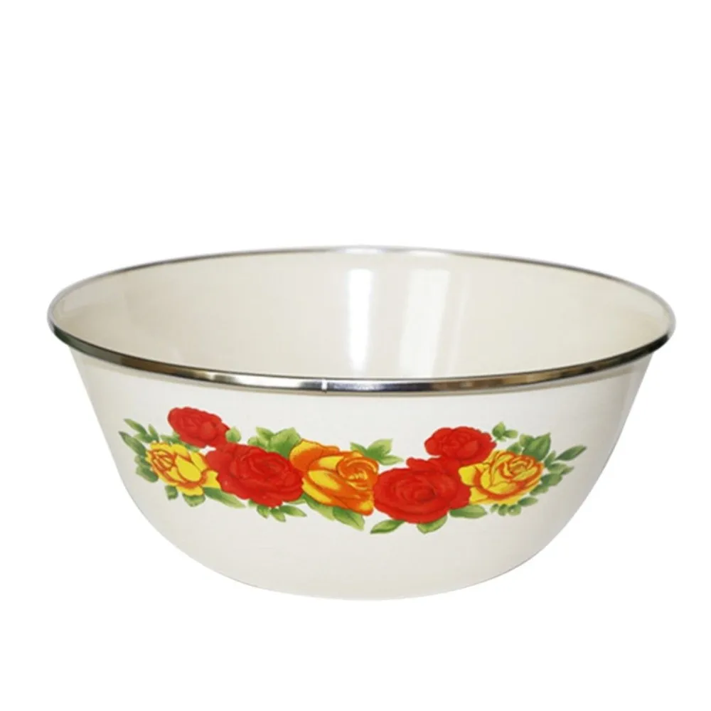 Durable Chinese Rose Print Enamel Bowl with Lid Sealed Enamel Mixing Bowl Floral Heatable Instant Noodle Bowl Outdoor Picnics