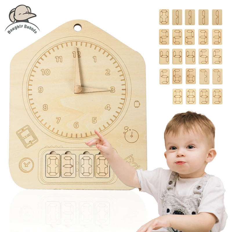 Baby Montessori Management Time Toy Turn The Pointer Education Parent-child interaction Inlaid Thin Wood Chips Game for Children