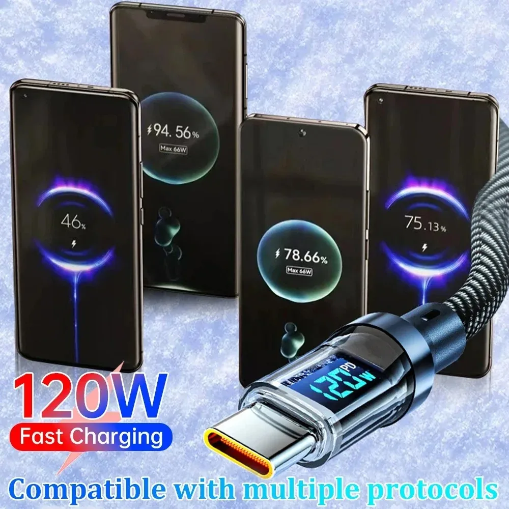 

Type C 120W Fast Charging Cable PD 6A USB to Type C Nylon Data Cord With LED Digital Display USB C Cable For Xiaomi POCO Samsung