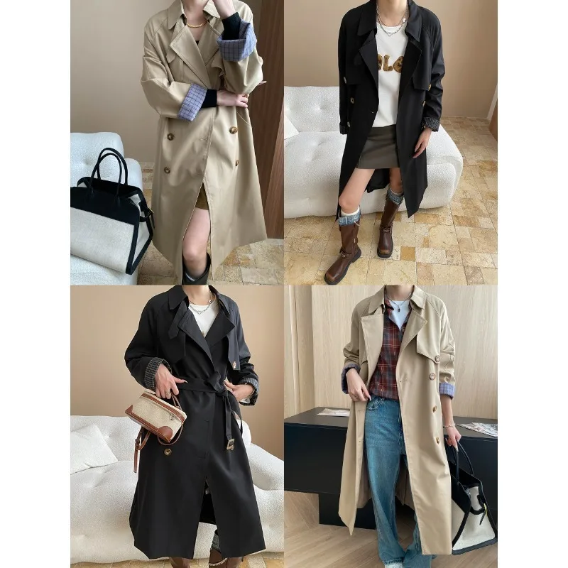 

EAEOVNI Solid Color Office Lady Women's Trench Coat Button Belt Gathered Waist Long Windbreaker Fashion 2025 Autumn New Clothing