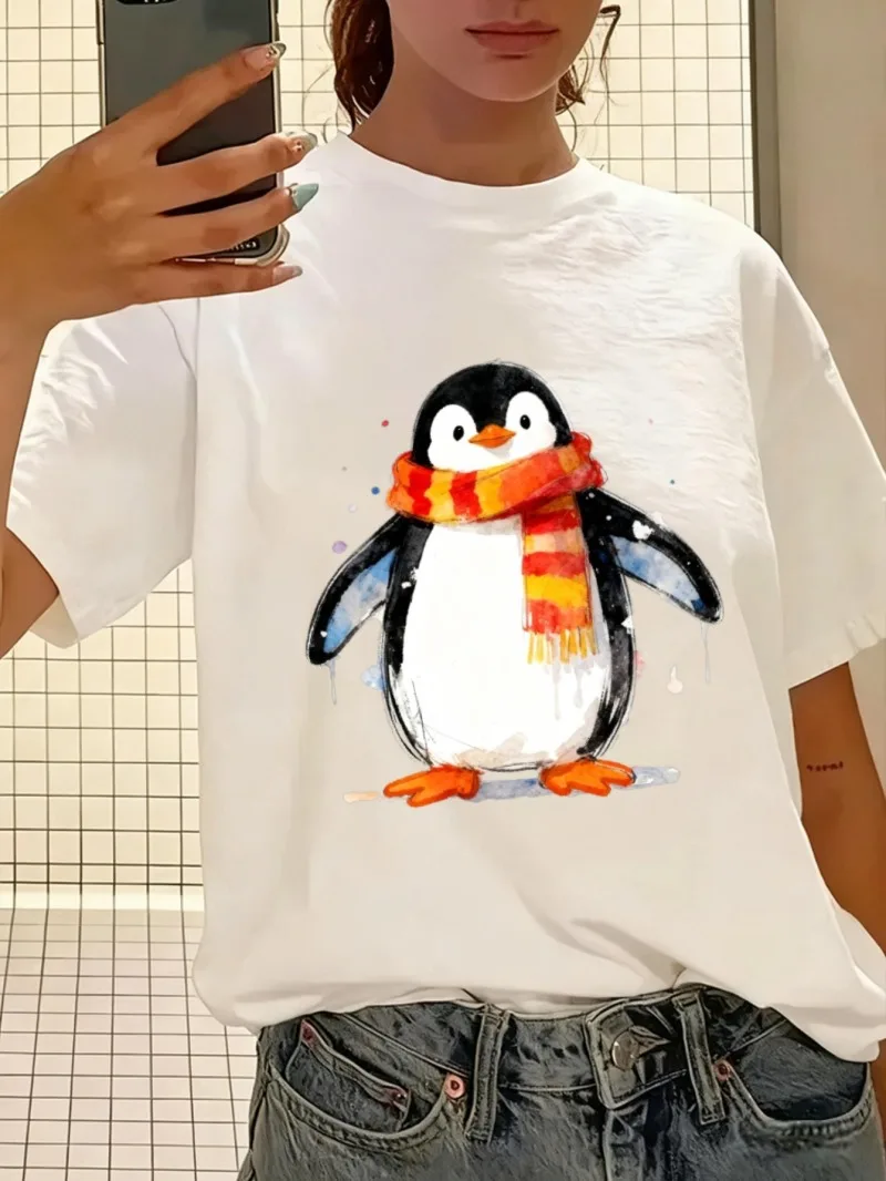 

Женская футболка, свободная хлопковая милая футболка с шарфом в виде пингвина, свитер в черную полоску с принтом пингвина, подходит для весны и лета