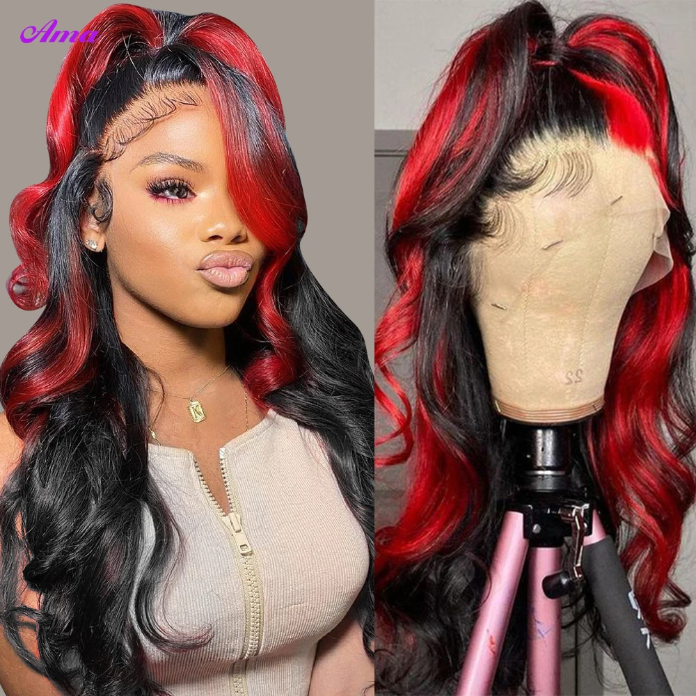 1B Red Highlight Wig Human Hair 180% Density Body Wave Lace Front Wig 13x4 Ombre Colored Lace Front Human Hair Wigs For Women