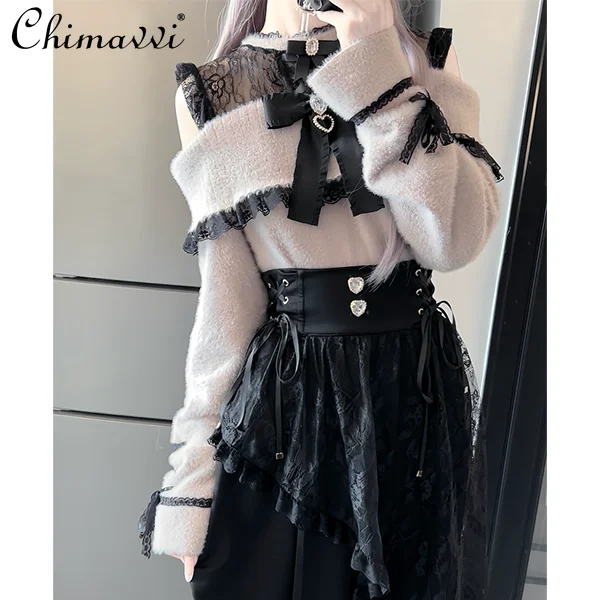 

New Japanese Mine Skirt Sets Autumn Off Shoulder Cute Bow Pullover Sweater Girl Women's Lolita Knitwear Top Fishtail Lace Skirt