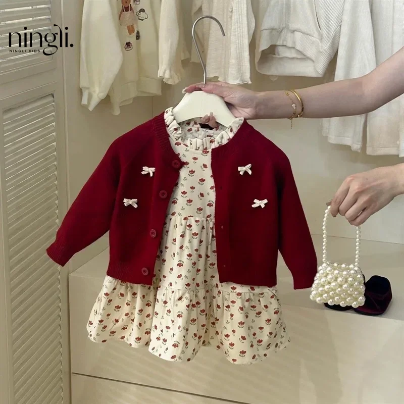 

Childrens Clothing Set 2024 Autumn New for Baby Girls Knitted Cardigan Dress Spring Autumn Casual Two-piece Set Trendy