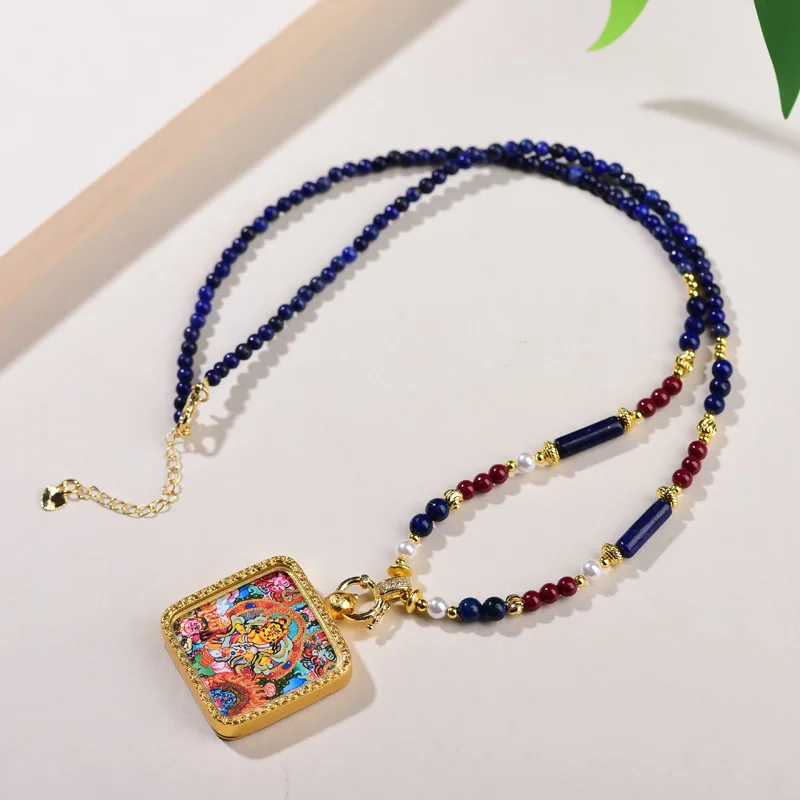 New Chinese Tibetan Style Mini Thangka Five-way God of Wealth Bead Clavicle Necklace - Vintage Lapis Lazuli Pendant Gift