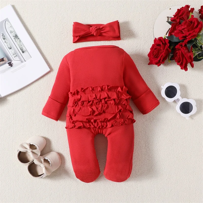 Pudcoco Infant Newborn Baby Girls Outfit, Long Sleeve Crew Neck Frills Zipped Footies Jumpsuit and Headband Fall Clothes 0-12M