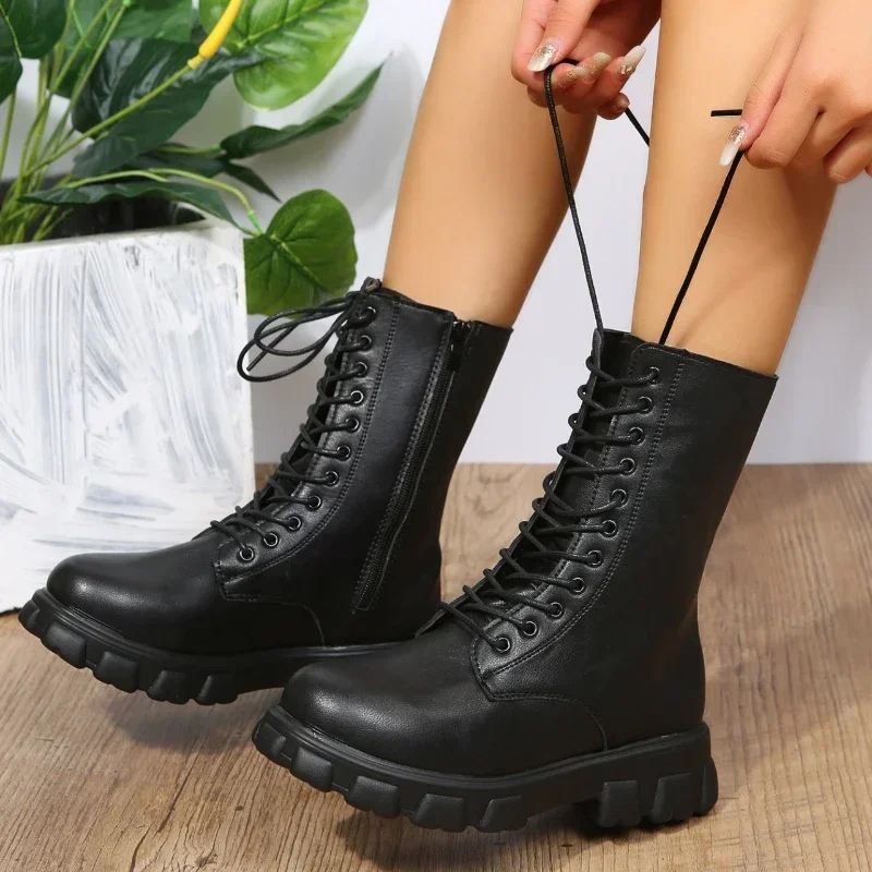 Boots Women 2024 Autumn Winter PU Leather White Ankle Boots Motorcycle Botines Female Chunky Heels Platform Boots Botas Mujer