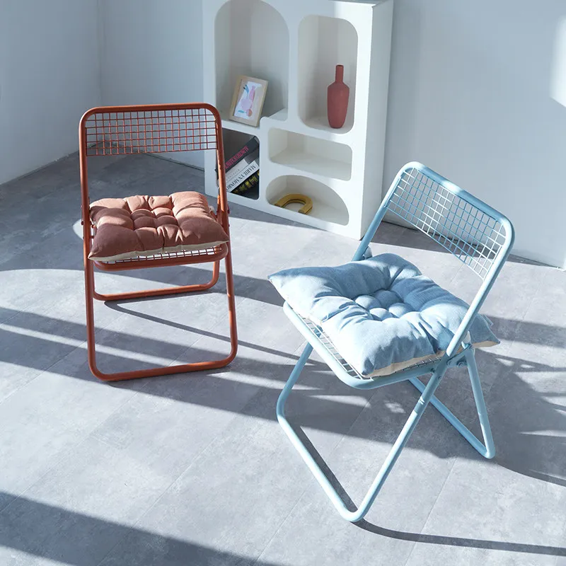 ee-Modern Folding Chair Home Balcony Wrought Iron Back Chair Restaurant Casual Dining Chairs Office Meeting Grid Iron Chairs