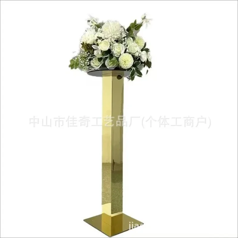 Wedding event decorative flower stand, gold silver stainless steel square column light and shadow romantic three-dimensional