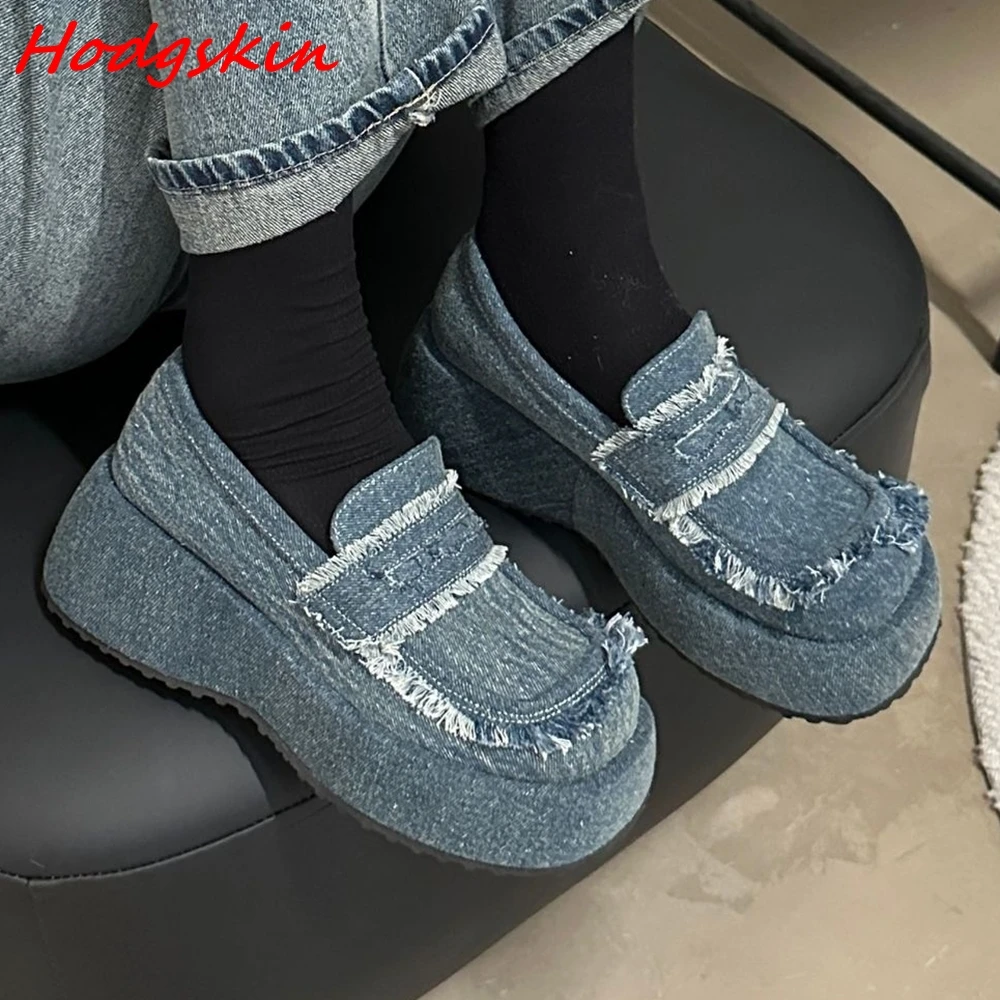 

Denim Design Women Shoes Blue/black Round Toe Slip On Thick Sole Height Increasing Shoes Outside Comfy Fashion Low Top Shoes