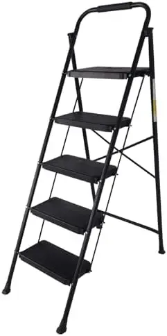 5 Step Folding Ladder with Handrail, 550 lbs Capacity Non-Slip Wide Tread Step Stool, Lightweight Aluminum Folding