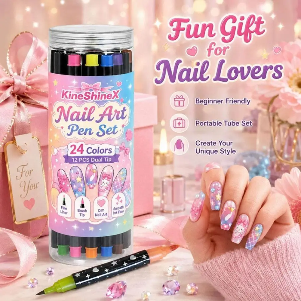 24 Colors Lasting DIY Nail Paint Pen Set Fine Liner Brush Tip Smooth Ink Flow Vibrant Hot Pink 12 PCS Dual Tip Nail Art Pen Set