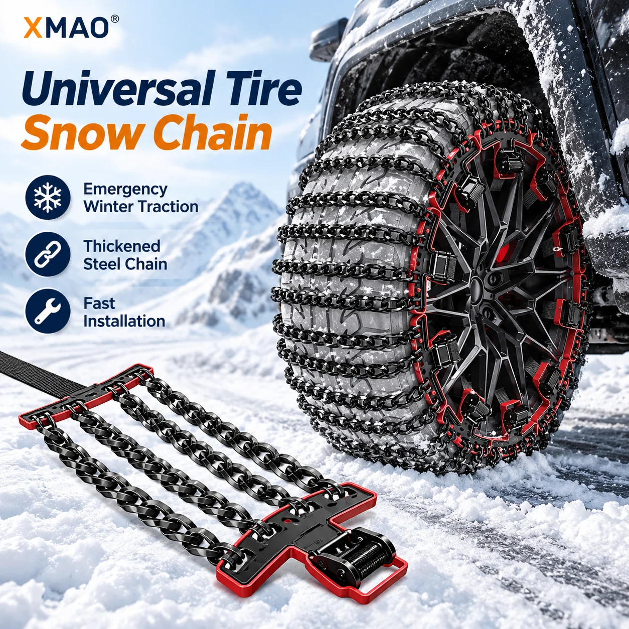 Universal 4-Chain Tire Snow Chains for SUV Sedan Off-Road Car, Thickened Manganese Steel Anti-Skid Emergency Winter Traction