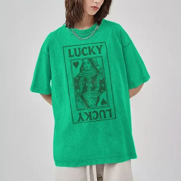 

Lucky Queen Washed 100% Cotton Women Graphic T-Shirt Graphic T-Shirt St. Patrick's Day Crewneck Tee for Unisex Festival Gifts