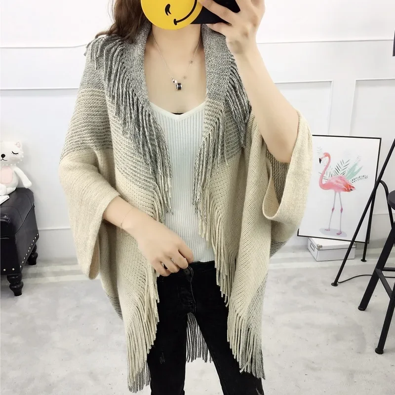 

6 Colors Women Oversize Korean Knitwear Autumn Knits Loose Poncho Cape Female Batwing Sleeves Vintage Tassel Neck Long Sweater