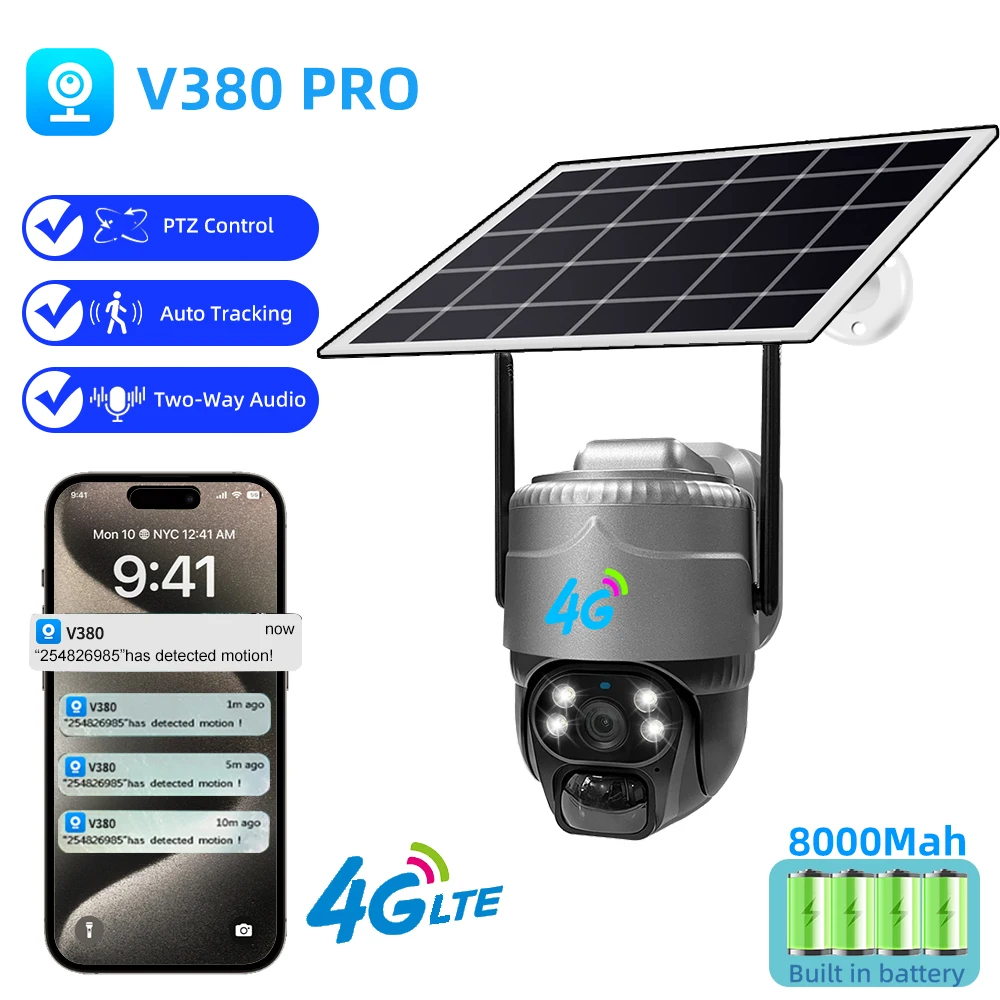 4G SIM Solar Camera Outdoor IP Camara Low Powered Battery PIR Motion Detection Waterproof CCTV Home Security Protection